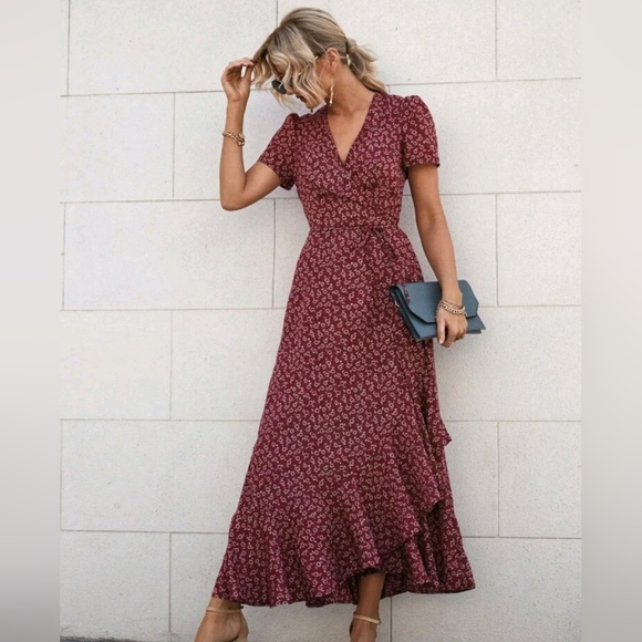 New Boho Floral Wrap Ruffle Maxi Dress Burgundy Red White - Picture 7 of 9